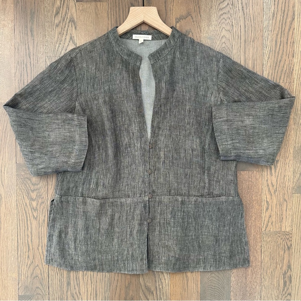 Eileen Fisher Stand Collar 3/4 Sleeve Linen Jacket in Charcoal Brown Size Small